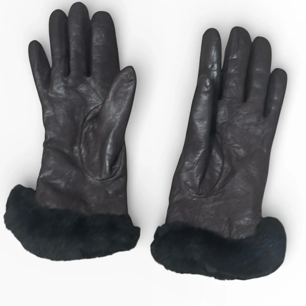 Vintage Leather Gloves Brown with Black Faux Fur Warm Winter Snow Trip Size M